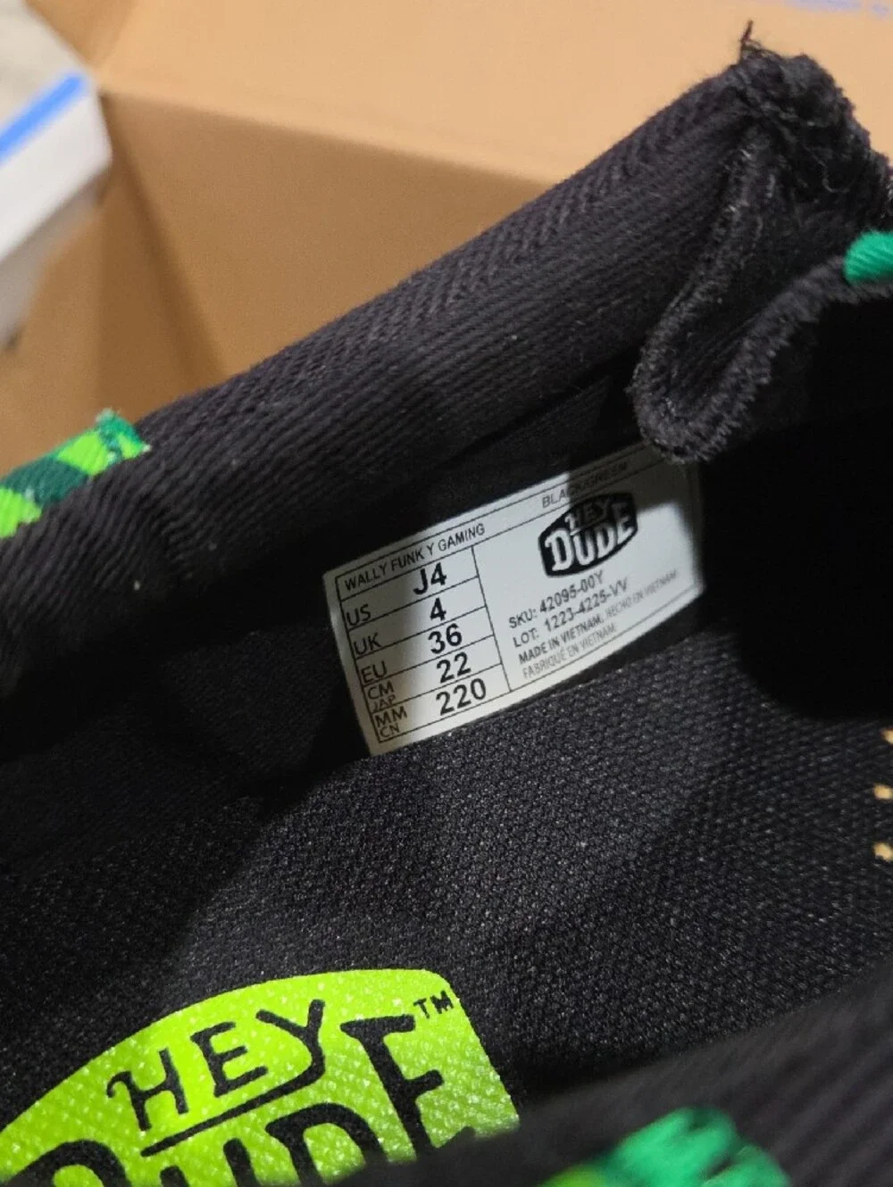 Hey Dude Kids Black Sneakers with Green Check Collar